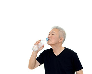 Fototapeta na wymiar Asian elder man drinking water prevent dehydration and good health