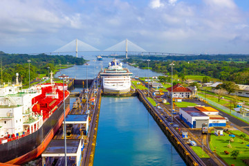 View of Panama Canal from cruise ship - obrazy, fototapety, plakaty