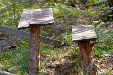 table and bench in the woods