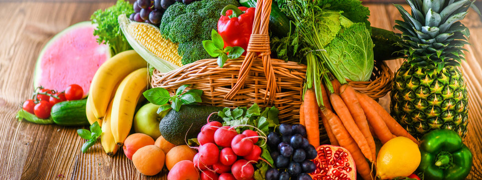 Composition With Assorted Raw Organic Fresh Vegetables Wide Banner. Assortment Of Fruits And Vegetable. Healthy Raw Detox Food Diet Panorama Concept.