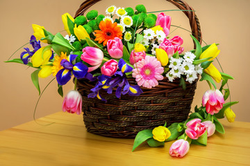 Fototapeta na wymiar Beautiful flowers irises, tulips, chrysanthemums of different colors in a basket for the holiday.