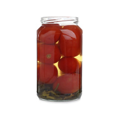 Glass jar with pickled tomatoes isolated on white