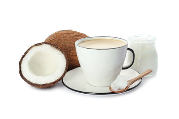 Delicious coffee with organic coconut oil isolated on white