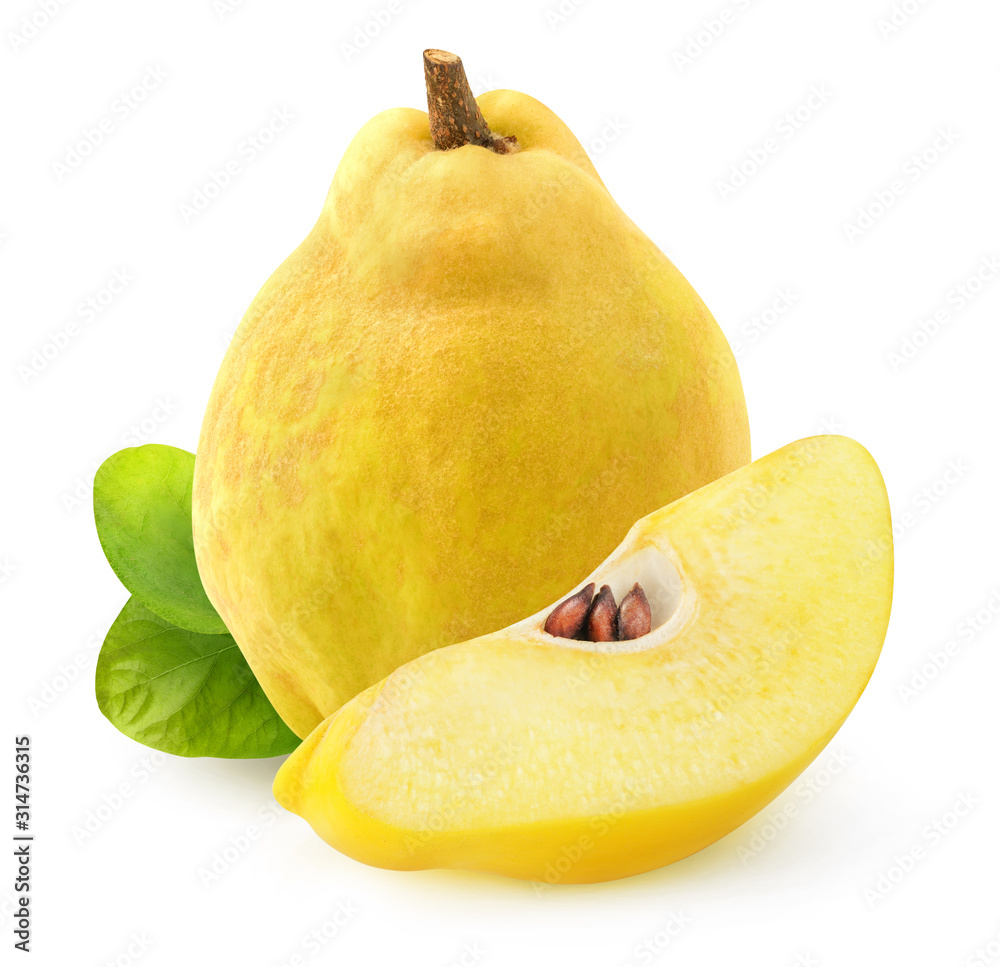 Poster isolated quince. one whole quince fruit and a wedge isolated on white backfround with clipping path