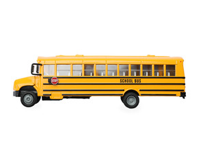 Fototapeta na wymiar Yellow school bus on white background, top view with space for text. Transport service