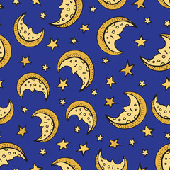 Fototapeta na wymiar Seamless pattern with stars and the moon, star pattern, moon and stars decorations. Moon is sleeping. Vector illustration in cartoon style. Sky texture background for kids.