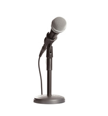 Obraz premium Modern microphone isolated on white. Journalist's equipment