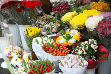 Assortment of beautiful flowers at wholesale market
