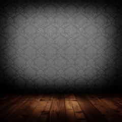 dark interior room with baroque wallpaper