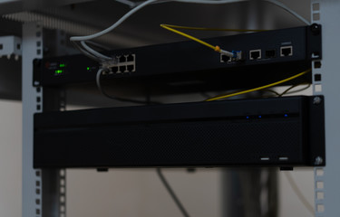 Routers in the server room with network connections