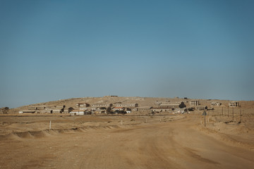wideangle panorama photo on the ghost town of Kolmannskuppe in Namibia