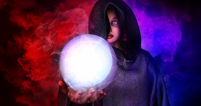 Witch hold ball glass on right hand and spell magic with abstract smoke background,Days of the dead concept.3d rendering.