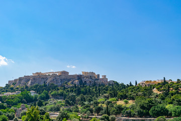 Fototapeta na wymiar Acropolis hill and Parthenon temple as seen from ancient Agora
