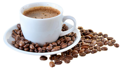 Cup of hot coffee and a scattering of coffee beans isolated