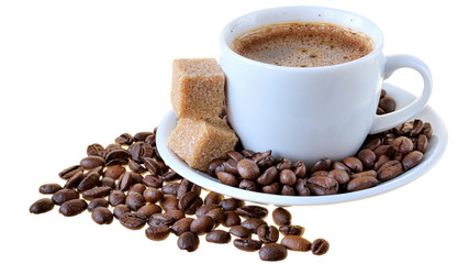 Cup of hot coffee and a scattering of coffee beans isolated
