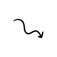Curly downward doodle arrow icon isolated on a white background.