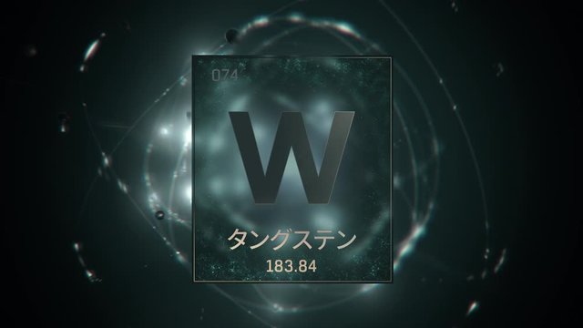 Tungsten as Element 74 of the Periodic Table. Seamlessly looping 3D animation on green illuminated atom design background orbiting electrons name, atomic weight element number in Japanese language