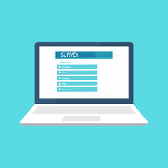 Online survey concept. Laptop screen with survey in it. Use it for web banner, infographics, hero images. Flat vector illustration isolated on blue background.