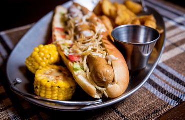 Hotdog and French fries on a dish. Fast food meal. Restaurant.