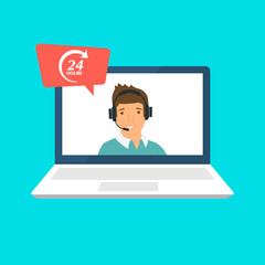Fototapeta na wymiar Customer service landing page. Man with headphones and microphone with laptop. Concept illustration for support, assistance, call center. Vector illustration in flat style