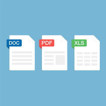 Set of Document File Formats and Labels icons. DOC, PDF, XLS. Vector illustration.
