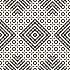 Vector geometric seamless pattern with rhombuses, diamonds, lines, squares, rectangles, tiles, grid. Abstract black and white graphic texture. Simple monochrome background. Modern repeating design
