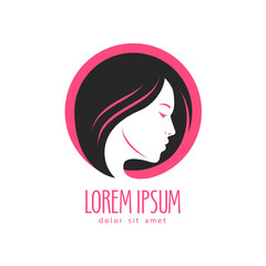 Beauty salon logo or label. Portrait of beautiful young woman vector illustration