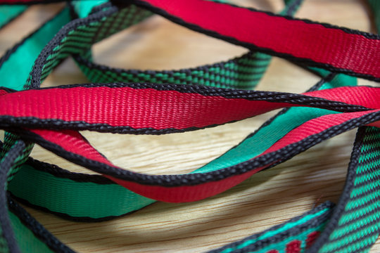 A set of nylon slings used in rock climbing for anchor and safety