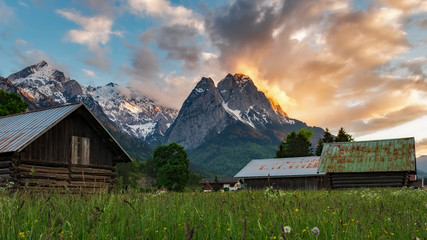 Germany - Cabins in the Field at Sunset - Garmisch