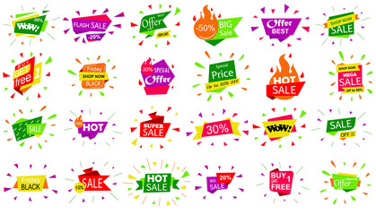 Set of sale banner badge templates. Stickers best offer price and big sale pricing tag badge design. Limited sales offer label or store discount banner card. Shopping coupon. Vector illustration.