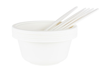 Set of white bowl and spoons made of biodegradable materials isolated on white background