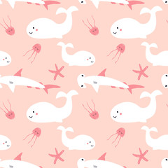 Seamless pattern with cute cartoon sea animals - whale,jelly fish, star fish and shark. Art can be used for childish books, placard, postcard. Pink print