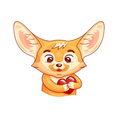 Cute enamoured fennec fox presses paws to his breast in heart area. Passion cartoon heart beats under paws. Amusing kawaii cartoon character. Funny emotion, feeling and face expression
