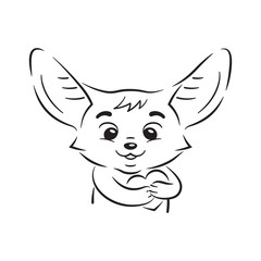 Black and white illustration of cute enamoured fennec fox who presses paws to his breast. Passion cartoon heart beats under paws.  Funny emotion, feeling and face expression
