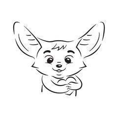 Obraz premium Black and white illustration of cute enamoured fennec fox who presses paws to his breast. Passion cartoon heart beats under paws. Funny emotion, feeling and face expression