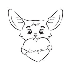 Black and white illustration of cute enamoured fennec fox who holds big cartoon heart with 'Love you' inscription. Amusing kawaii cartoon character. Funny emotion, feeling and face expression