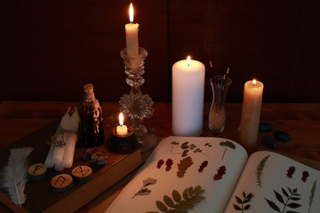 magic ritual of the alchemist with candles, runes and symbols