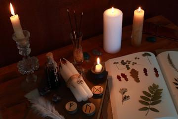 magic ritual of the alchemist with candles, runes and symbols