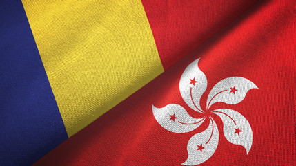 Romania and Hong Kong two flags textile cloth, fabric texture