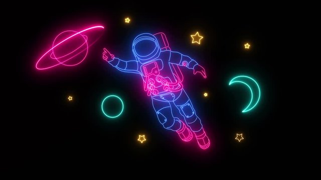 Neon Light Astronaut Planets And Stars Glow On A Black Background. Cosmic Neon Sign, Bright Signboard, Light Banner. Space Logo, Emblem