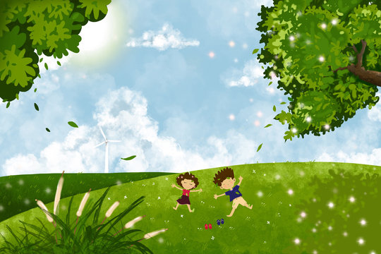 Digital CG painting of Fantasy village of children lying on grass in the park, Landscape spring field with kids play together during a sunny day,Fairy tale nature scenery fiction backdrop.rConcept Art