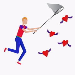 Valentine's Day аlat illustration. A guy catching a heart with a butterfly net. Search for love and understanding. He is looking for a girl. Flying hearts - a symbol of the holiday. Isolated on a whit