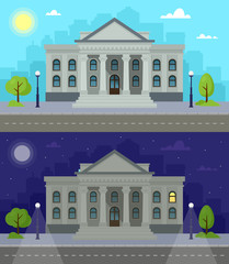Day and Night facade university or government institution with city skylines. Vector illustration. Flat modern design. EPS 10.