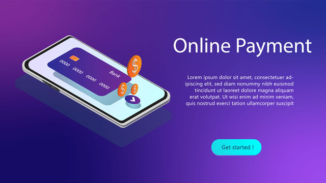 Online payments app isometric website template.Transfer money from card.Concept of mobile wallet app,personal data protection. Isometric image of smartphone and credit card.Webpage, app design,landing