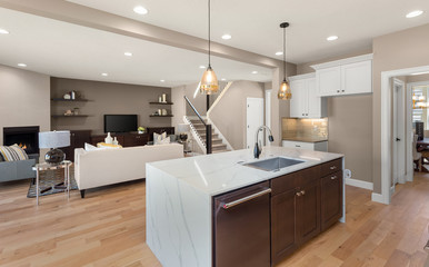 Kitchen and living room in new luxury home. Kitchen features waterfall island with large sink. Open...