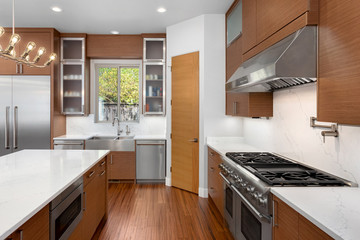 Modern kitchen interior in new home with stainless steel appliances