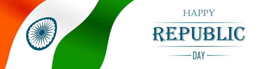 Panoramic banner with the text Happy Republic Day on a background of the waving national flag of India. Vector illustration for badge, banner, poster, flyer, brochure, promotion, billboard and sale.