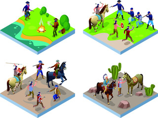 Wild West 2x2 Indians Cowboys Army Illustration isometric icons on isolated background