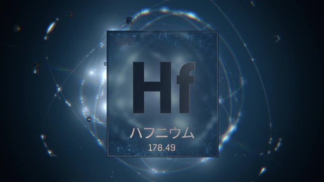 Hafnium as Element 72 of the Periodic Table. Seamlessly looping 3D animation on blue illuminated atom design background orbiting electrons name, atomic weight element number in Japanese language