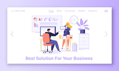 Business solutions concept with flat people characters. Teamwork banner with man and woman working together for website, web page design. Colleagues of male and female characters in office.
